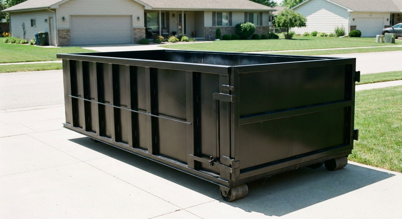 Matte-black 10-yard roll-off dumpster on a residential concrete driveway in Temple City, uniformly painted matte black across every panel and rail, ribbed steel sidewalls and rear swing door visible, mid-day daylight.