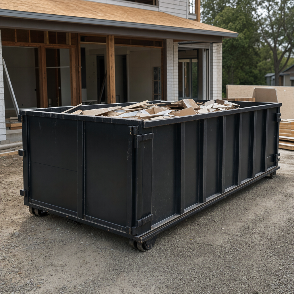 Large matte-black 30-yard construction roll-off dumpster at an active Temple City jobsite, steel-gray top rails and bottom rollers visible, loaded with construction debris.