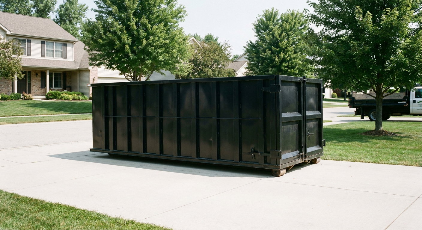 Matte-black 20-yard roll-off dumpster sitting level on a clean Temple City residential concrete driveway under bright daylight, demonstrating clean placement directly on the concrete.