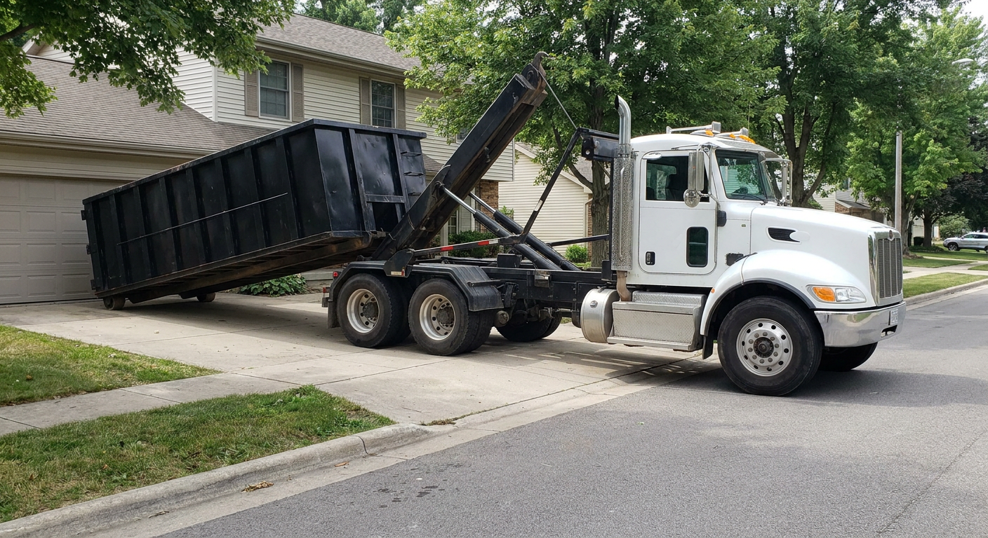 White-cab hooklift roll-off truck actively lowering a matte-black dumpster onto a Temple City residential concrete driveway, the dumpster's rear wheels touching the driveway as the hoist arm tilts the bed forward, mid-morning daylight.